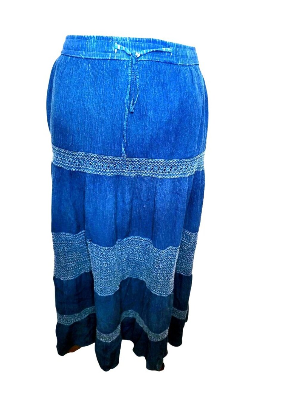 NAO Blue Rayon Broomstick Maxi Skirt Crochet M Boho Hippie Fairy Whimsygoth